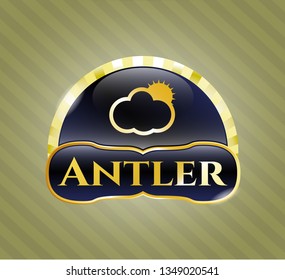  Golden emblem with sun behind cloud icon and Antler text inside