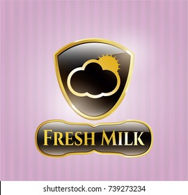  Golden emblem with sun behind cloud icon and Fresh Milk text inside