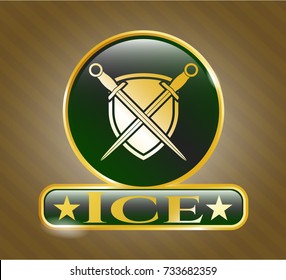  Golden emblem with swords crossed with shield icon and Ice text inside