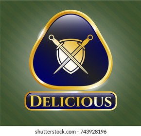  Golden emblem with swords crossed with shield icon and Delicious text inside