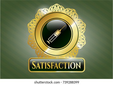  Golden emblem with syringe icon and Satisfaction text inside