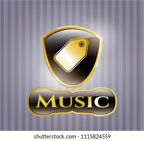  Golden emblem with tag icon and Music text inside