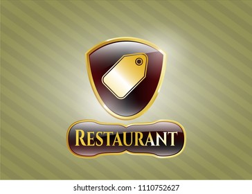  Golden emblem with tag icon and Restaurant text inside