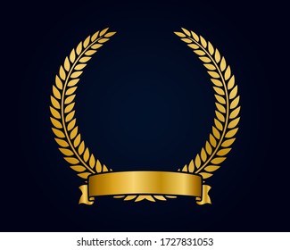 Golden emblem template for logo. Gold branches and ribbon. Crown Award. Vector illustration.