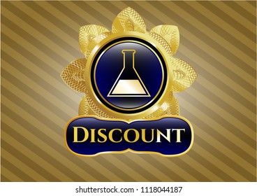  Golden emblem with test tube icon and Discount text inside