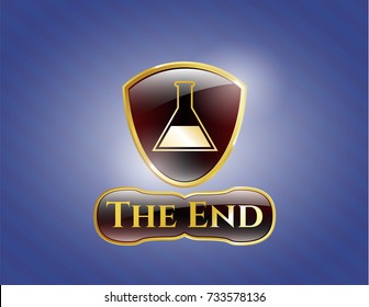  Golden emblem with test tube icon and The End text inside