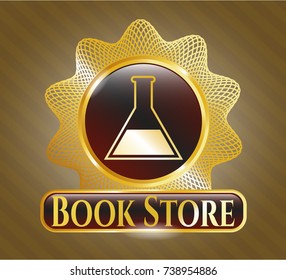  Golden emblem with test tube icon and Book Store text inside