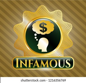  Golden emblem with thinking in money icon and Infamous text inside