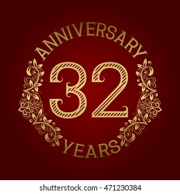 Golden emblem of thirty second anniversary. Celebration patterned sign on red.