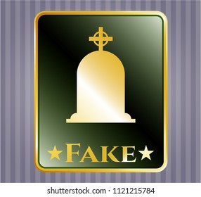  Golden emblem with tombstone icon and Fake text inside