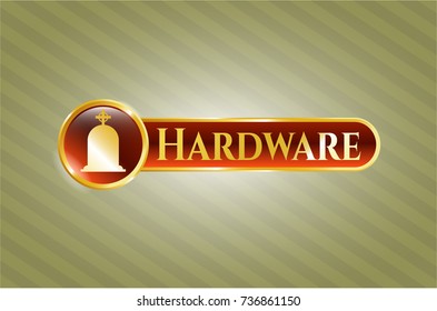  Golden emblem with tombstone icon and Hardware text inside