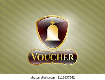  Golden emblem with tombstone icon and Voucher text inside