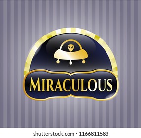  Golden emblem with ufo with aline inside icon and Miraculous text inside