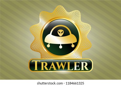  Golden emblem with ufo with aline inside icon and Trawler text inside