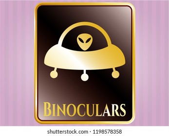  Golden emblem with ufo with aline inside icon and Binoculars text inside