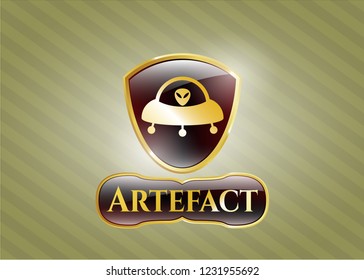  Golden emblem with ufo with aline inside icon and Artefact text inside