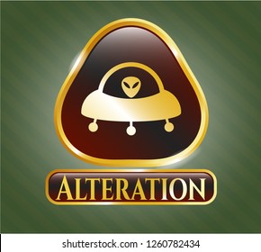  Golden emblem with ufo with aline inside icon and Alteration text inside