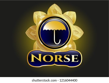  Golden emblem with umbrella icon and Norse text inside