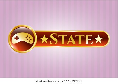  Golden emblem with video game icon and State text inside