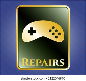  Golden emblem with video game icon and Repairs text inside