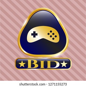  Golden emblem with video game icon and Bid text inside