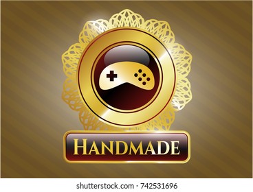  Golden emblem with video game icon and Handmade text inside