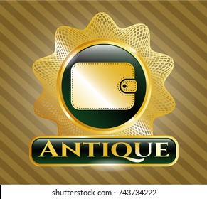 Golden emblem with wallet icon and Antique text inside