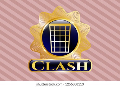  Golden emblem with wastepaper basket icon and Clash text inside