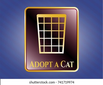  Golden emblem with wastepaper basket icon and Adopt a Cat text inside