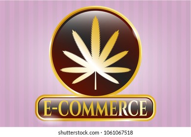  Golden emblem with weed leaf icon and e-commerce text inside