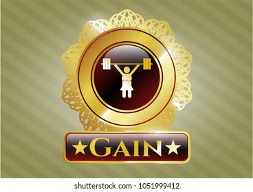  Golden emblem with weightlifter girl icon and Gain text inside