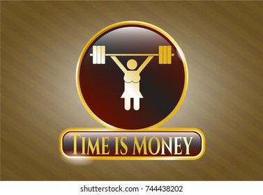  Golden emblem with weightlifter girl icon and Time is Money text inside