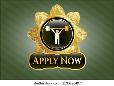 Golden emblem with weightlifting icon and Apply Now text inside