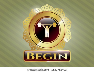  Golden emblem with weightlifting icon and Begin text inside