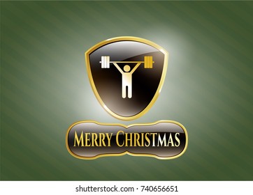  Golden emblem with weightlifting icon and Merry Christmas text inside