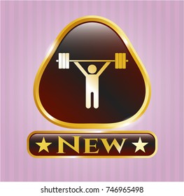  Golden emblem with weightlifting icon and New text inside
