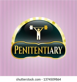  Golden emblem with weightlifting icon and Penitentiary text inside