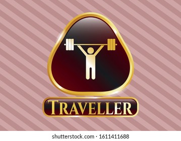  Golden emblem with weightlifting icon and Traveller text inside