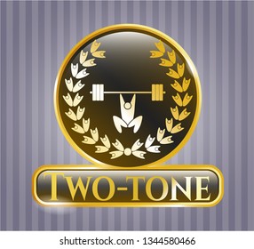 Golden emblem with weightlifting inside of crown icon and Two-tone text inside