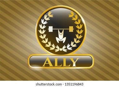  Golden emblem with weightlifting inside of crown icon and Ally text inside