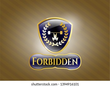  Golden emblem with weightlifting inside of crown icon and Forbidden text inside