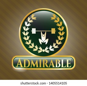  Golden emblem with weightlifting inside of crown icon and Admirable text inside