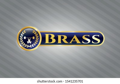  Golden emblem with weightlifting inside of crown icon and Brass text inside