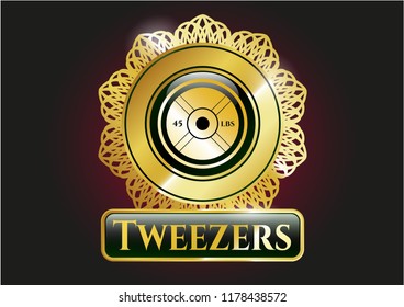  Golden emblem with weightlifting or powerlifting plate (45 lbs) icon and Tweezers text inside