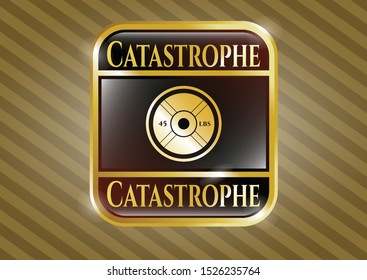  Golden emblem with weightlifting or powerlifting plate (45 lbs) icon and Catastrophe text inside