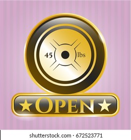  Golden emblem with Weightlifting or powerlifting plate (45 lbs) icon and Open text inside