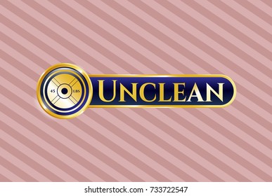  Golden emblem with weightlifting or powerlifting plate (45 lbs) icon and Unclean text inside