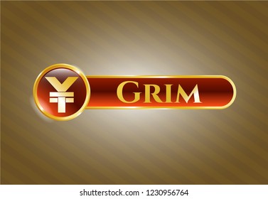  Golden emblem with yuan icon and Grim text inside