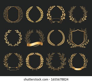 Golden emblems realistic set with ribbon and wreath on black background isolated vector illustration
