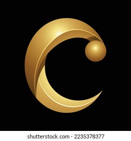 Golden Embossed Letter C with Pompom Hat on a Black Background
